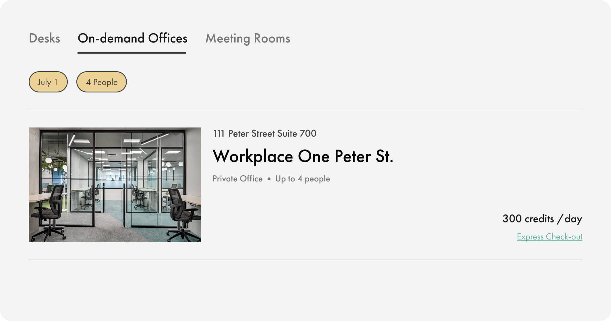 Desk, day offices, and meeting rooms